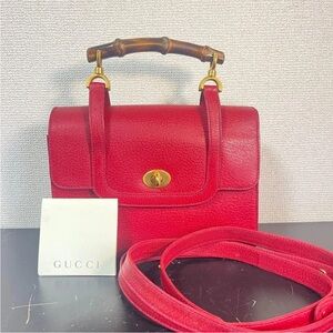 Gucci Red Leather Bamboo Handle Bag
